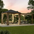 ModernShade 10'x20' Pergola Hybrid Gazebo with Adjustable Shade Fabric,Hardtop Roof,Privacy Curtains,Brown