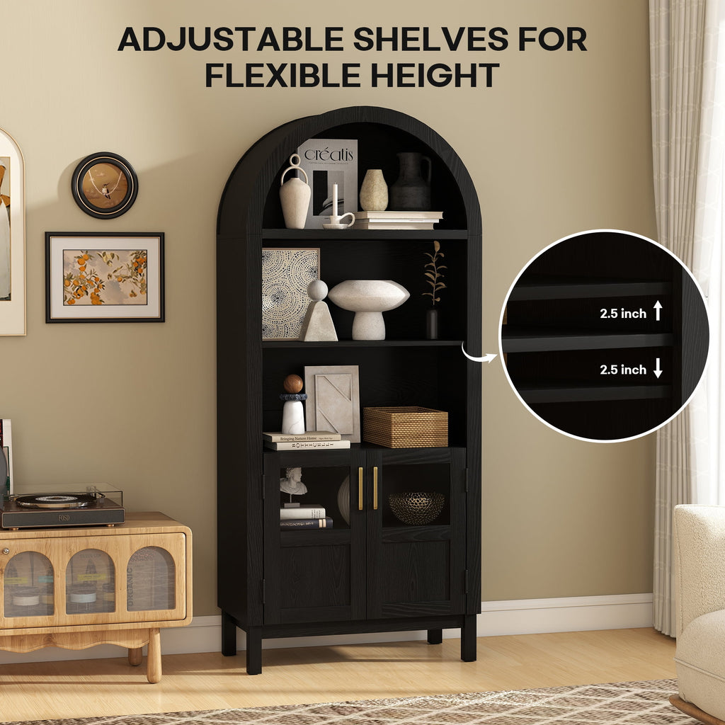 BOMETAO 70" Arched Cabinet with Glass Doors, 5-Tier Storage Bookcase, Tall Display Pantry Storage Cabinet with Adjustable Shelves, for Kitchen, Living Room, Black
