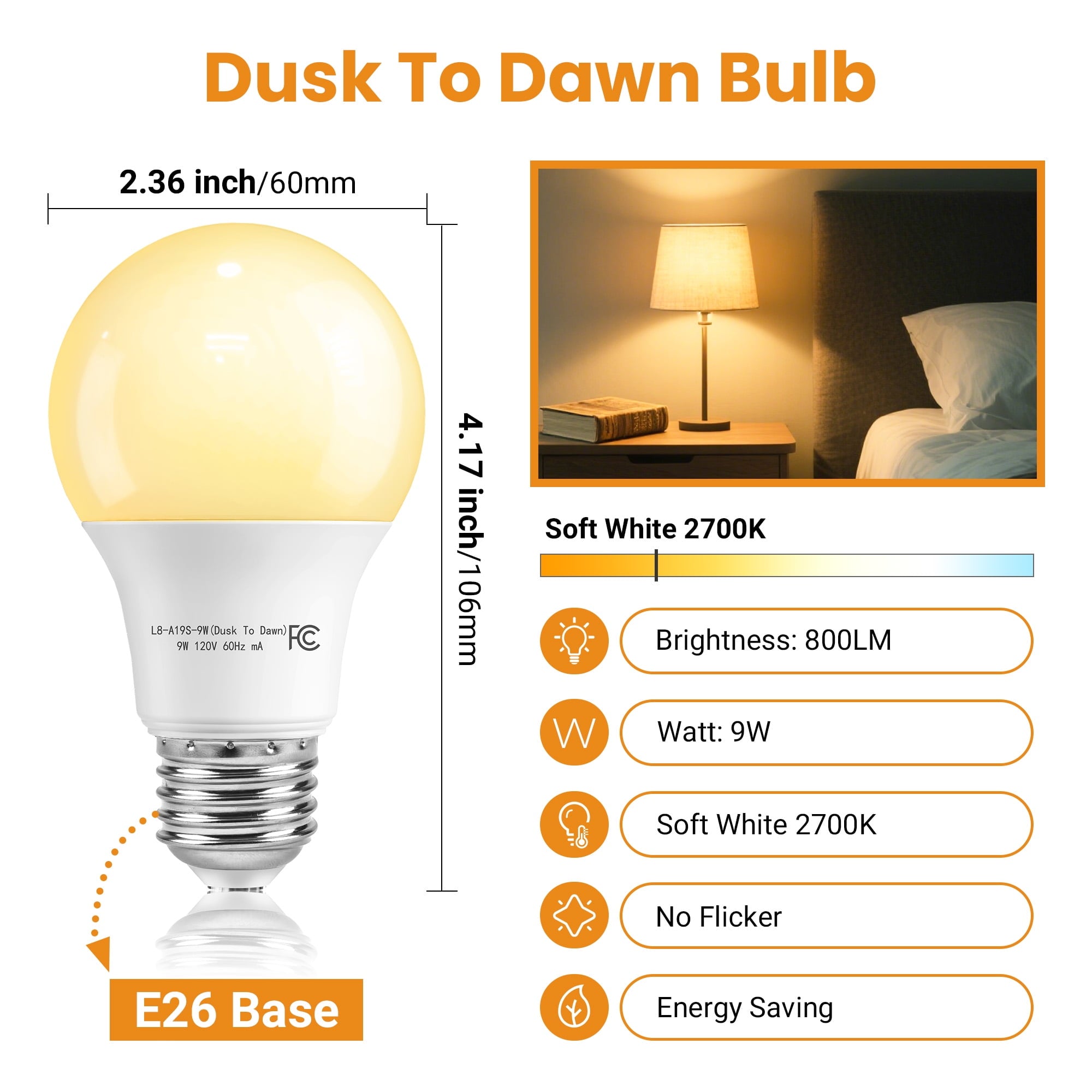 DAYBETTER Dusk to Dawn Light Bulbs Outdoor 60 Watt Equivalent, Automatic On/Off Sensor LED Light Bulb, 9W Soft White 2700K, 800Lumen, A19 E26 Bulbs,4pack.