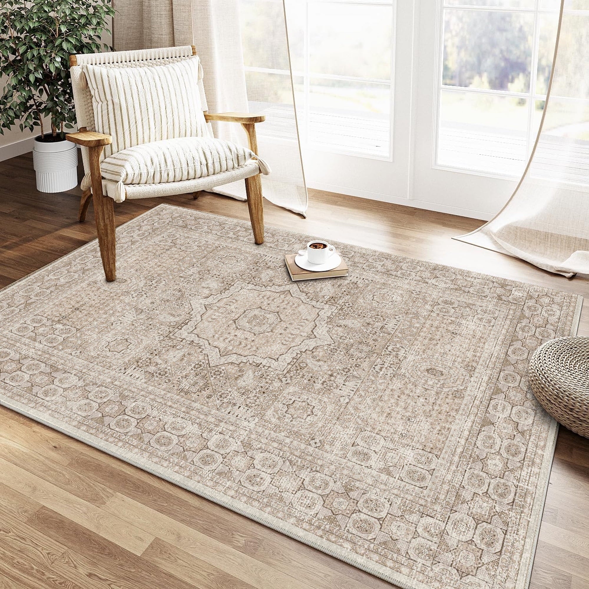 Area Rugs for Living Room 3'x 5' Machine Washable Vintage Print Large Throw Non Slip Bedroom Rugs, Brown