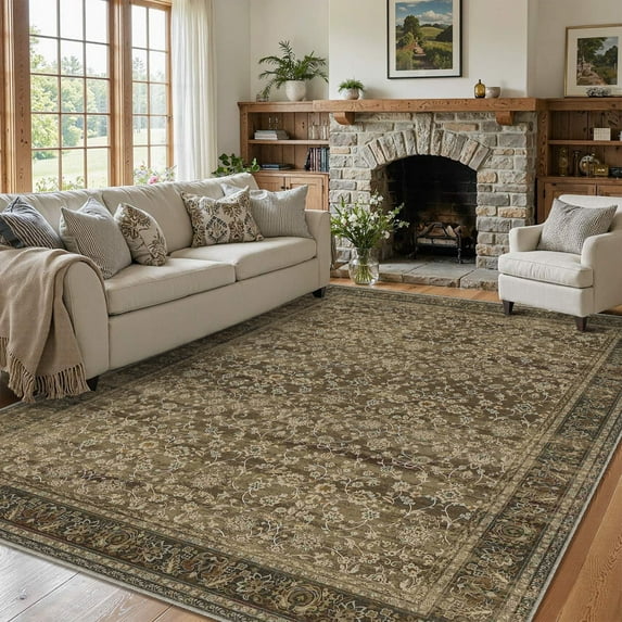 BERTHMEER 8'x10' Large Area Rugs for Living Room Vintage Brown Carpets for Bedroom Office Machine Washable Farmhouse Dining Room Oriental Rugs Non Slip Traditional Floral Distressed Rugs