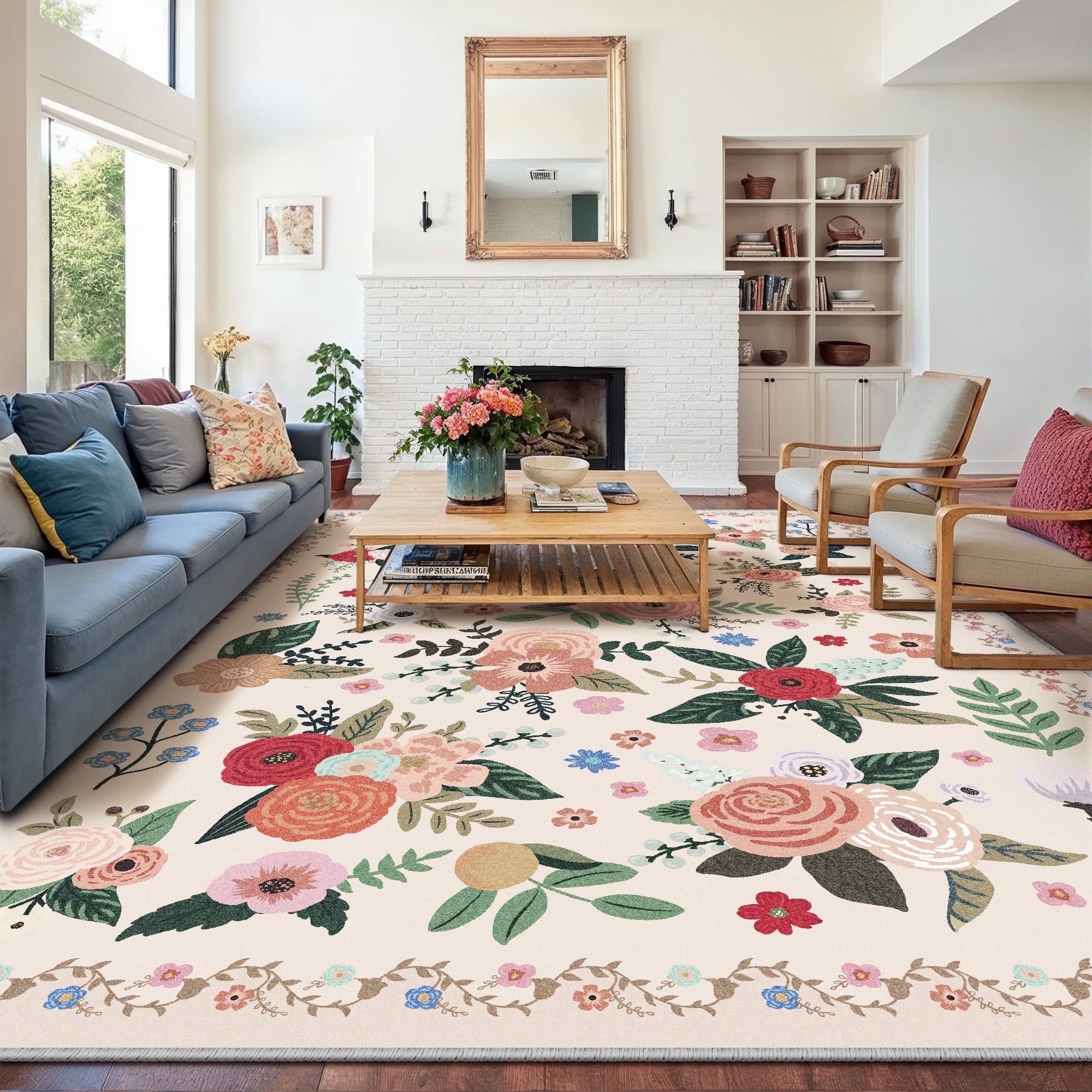 BERTHMEER Large 8'x10' Area Rugs for Living Room Bedroom Office Rugs Vintage Beige Floral Carpets Machine Washable Farmhouse Dining Room Oriental Flower Non Slip Rugs, Multicolor