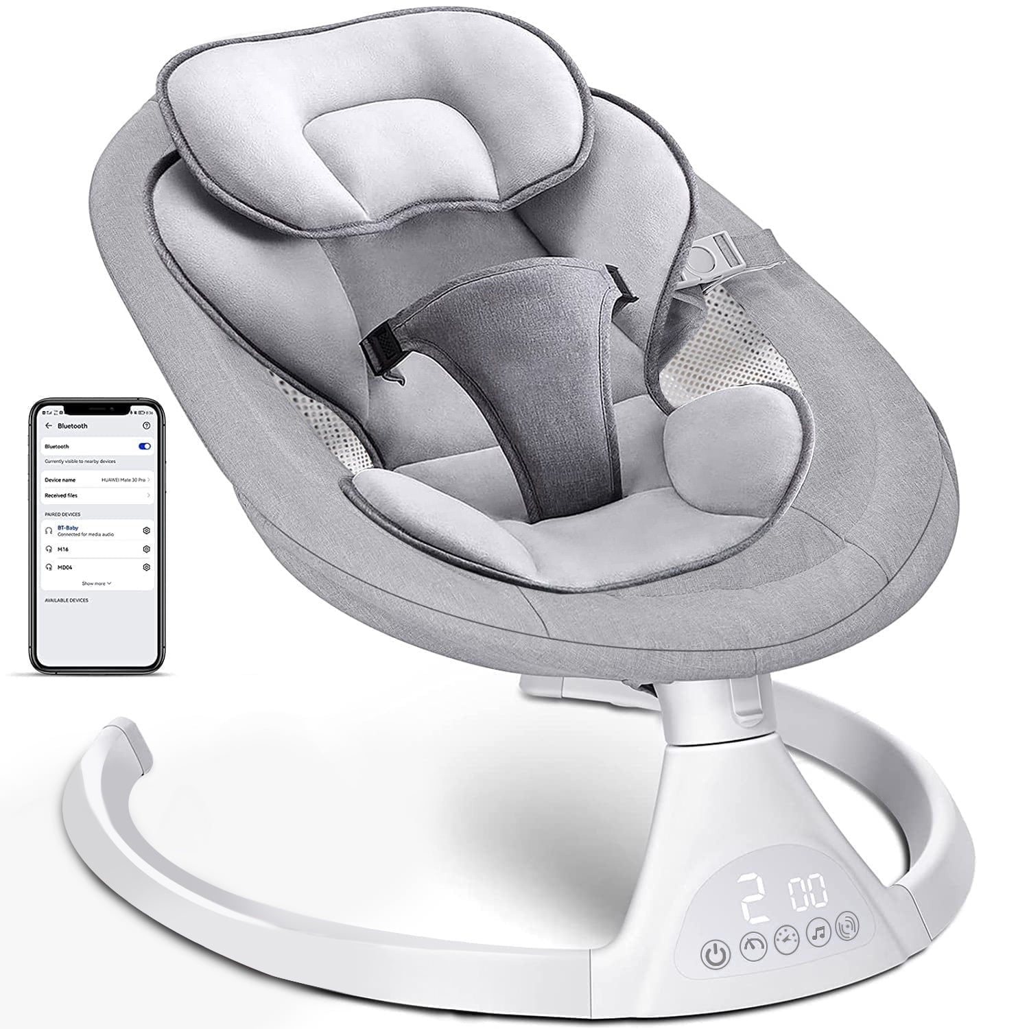Baby Swing for Infants, OEIKPFN Bluetooth Baby Bouncer for Babies 0-9 Months with 5 Speed, Gray