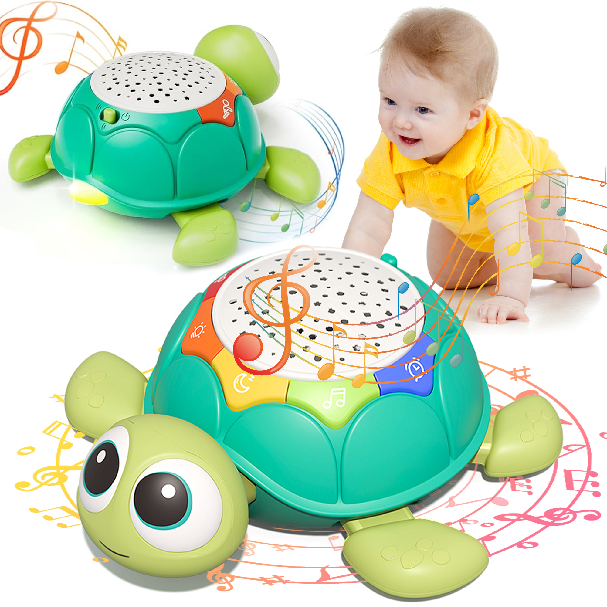 FRESHE Toddler Toys for 1 Year Old Boy Girl Gifts, 5 in 1 Turtle Musical Crawling Toy with Lighting & Music, Baby Sensory Toys for Toddlers 1-3