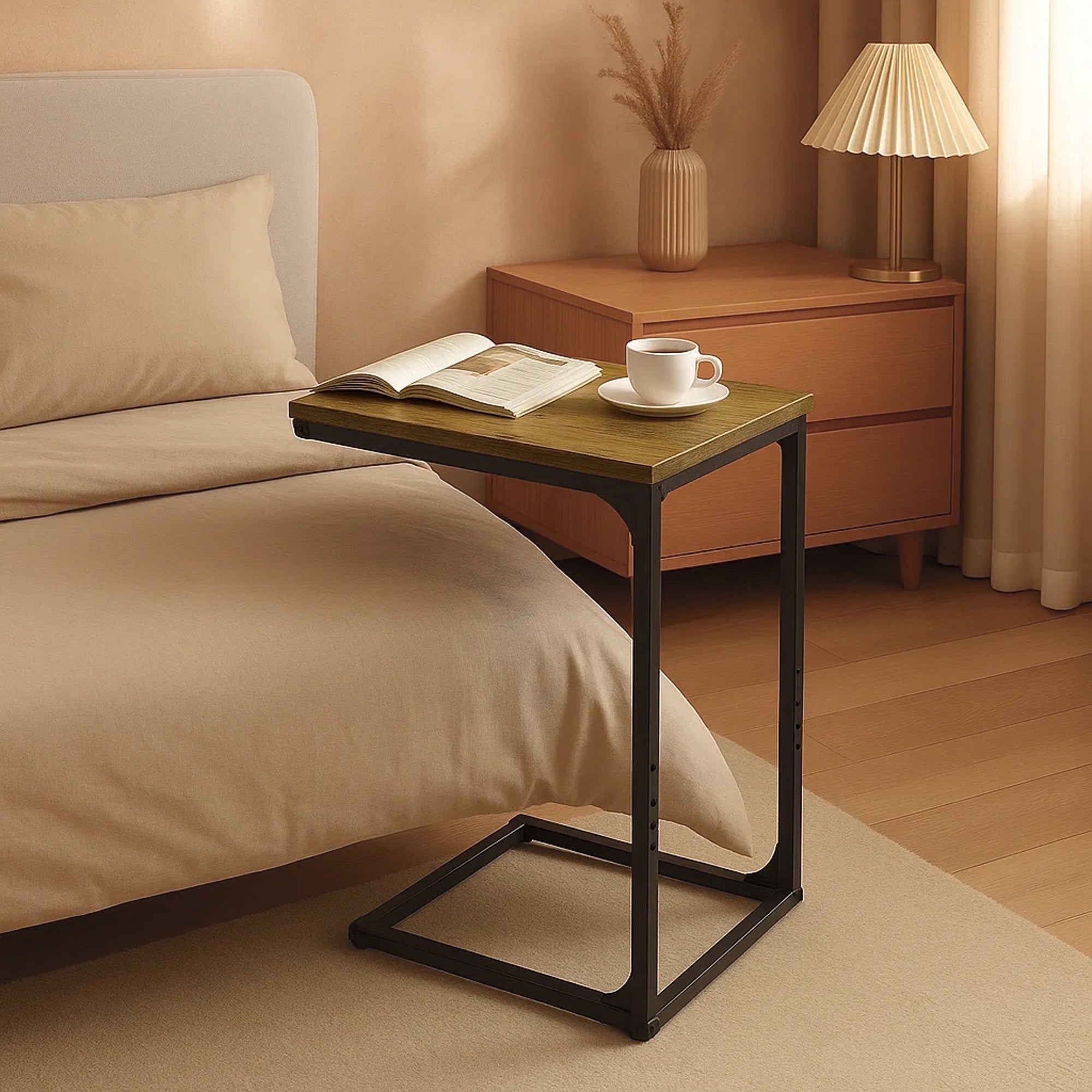 Dowellia C-Shaped Metal Side Table for Living Room and Rooms, Brown Finish