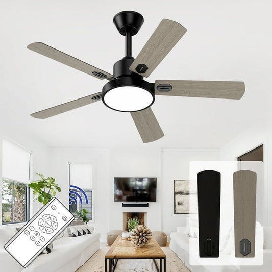 Ceiling Fan with Light and Remote Control, Modern Flush Mount Ceiling Fan 41 '' 6-Speed Reversible DC Motor 5 Wood Fan Blades Yellow and Black