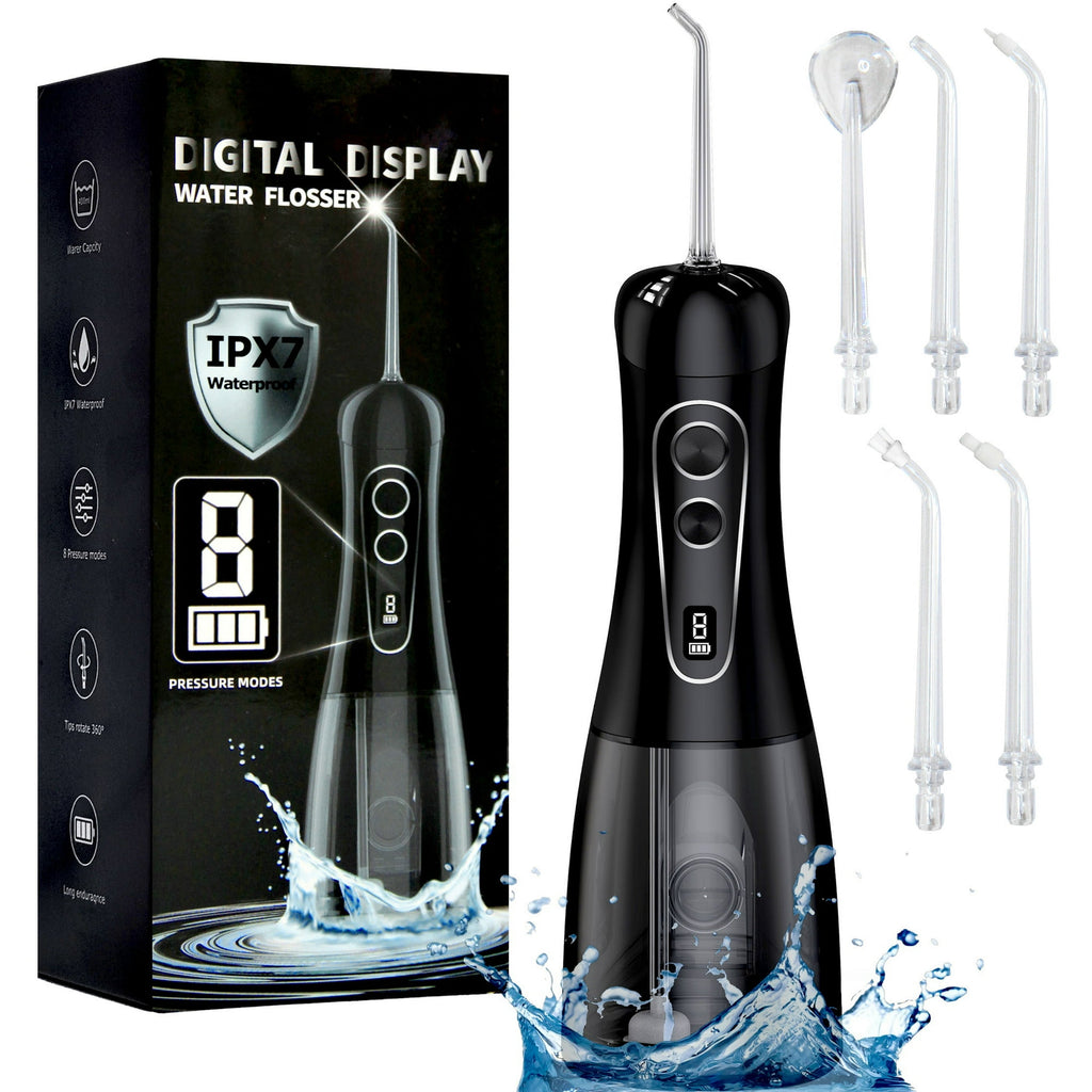 IESWKP Water Flosser Cordless Portable with 8 Pressure Settings and 5 Jet Tips, 400ml Removable Tank Water Pick for Teeth Cleaning, Gums, Braces, Dental Care, Black