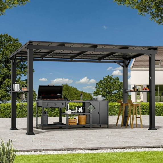FONA Hardtop Grill Gazebo 6'x12'with Side Shelf, Outdoor Gazebo with Bottle Opener & Hooks, Grill Canopy with Sturdy Rustproof Design for Backyard, Garden, Patio,Black