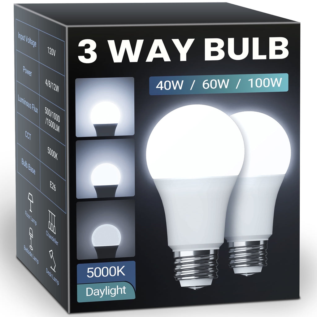 DAYBETTER 3 Way LED Light Bulbs,40 60 100W Equivalent,Daylight White 5000K 3 Way Light Bulbs,500lm 1000lm 1500lm,A19 Three Way Light Bulbs,E26 Base 3-Way Light Bulbs,2 Pack.
