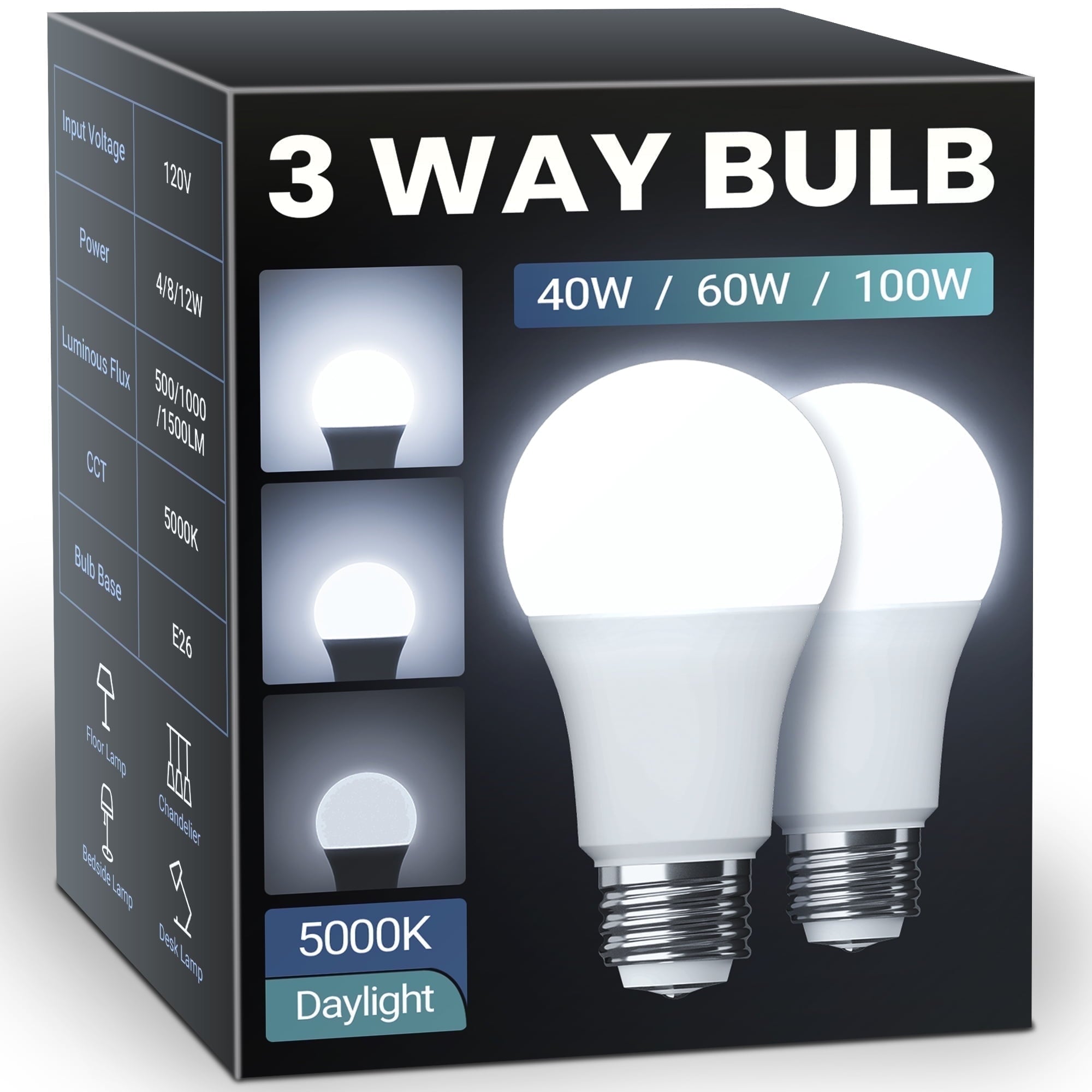 DAYBETTER 3 Way LED Light Bulbs,40 60 100W Equivalent,Daylight White 5000K 3 Way Light Bulbs,500lm 1000lm 1500lm,A19 Three Way Light Bulbs,E26 Base 3-Way Light Bulbs,2 Pack.