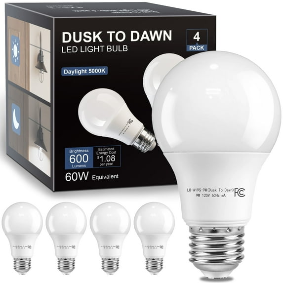 DAYBETTER Dusk to Dawn Light Bulbs Outdoor 60 Watt Equivalent, Automatic On/Off Sensor LED Light Bulb, 9W Daylight 5000K, 800Lumen, A19 E26 Bulbs,4pack.
