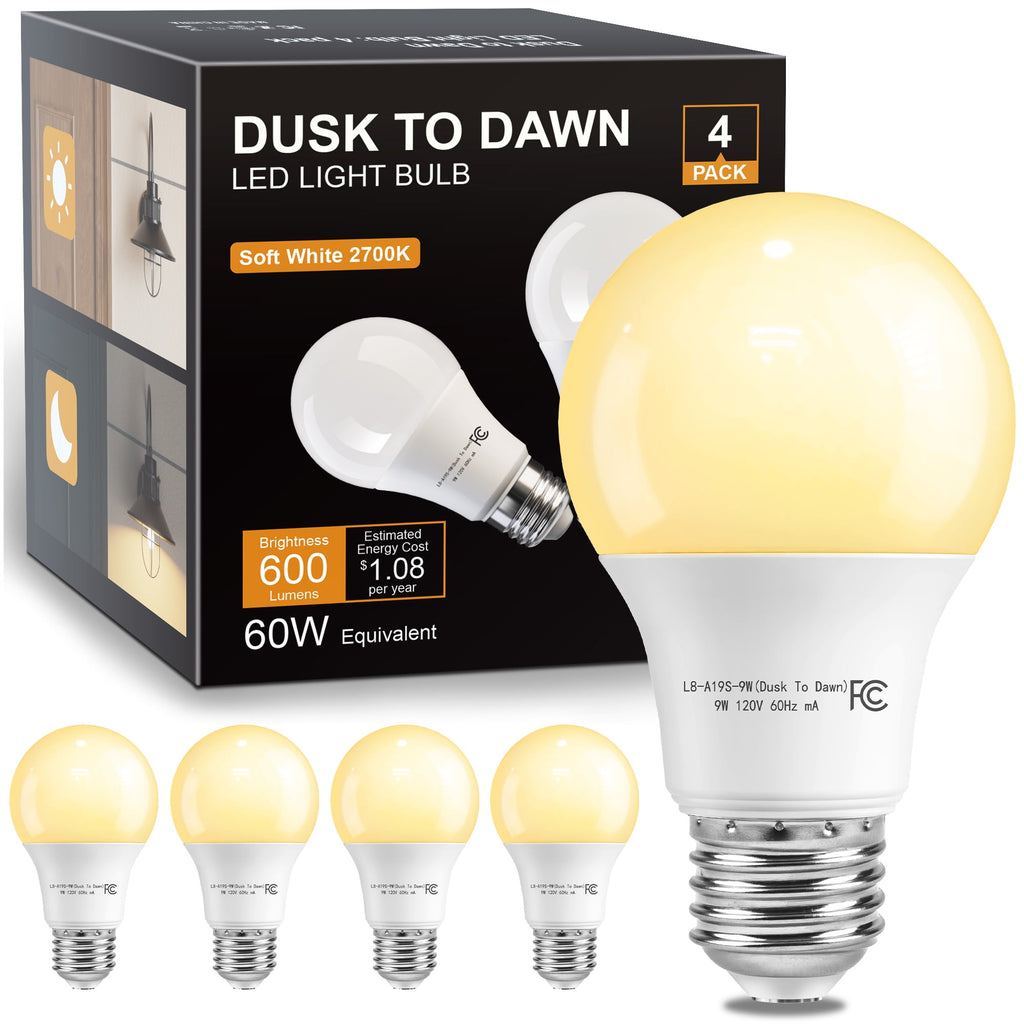 DAYBETTER Dusk to Dawn Light Bulbs Outdoor 60 Watt Equivalent, Automatic On/Off Sensor LED Light Bulb, 9W Soft White 2700K, 800Lumen, A19 E26 Bulbs,4pack.