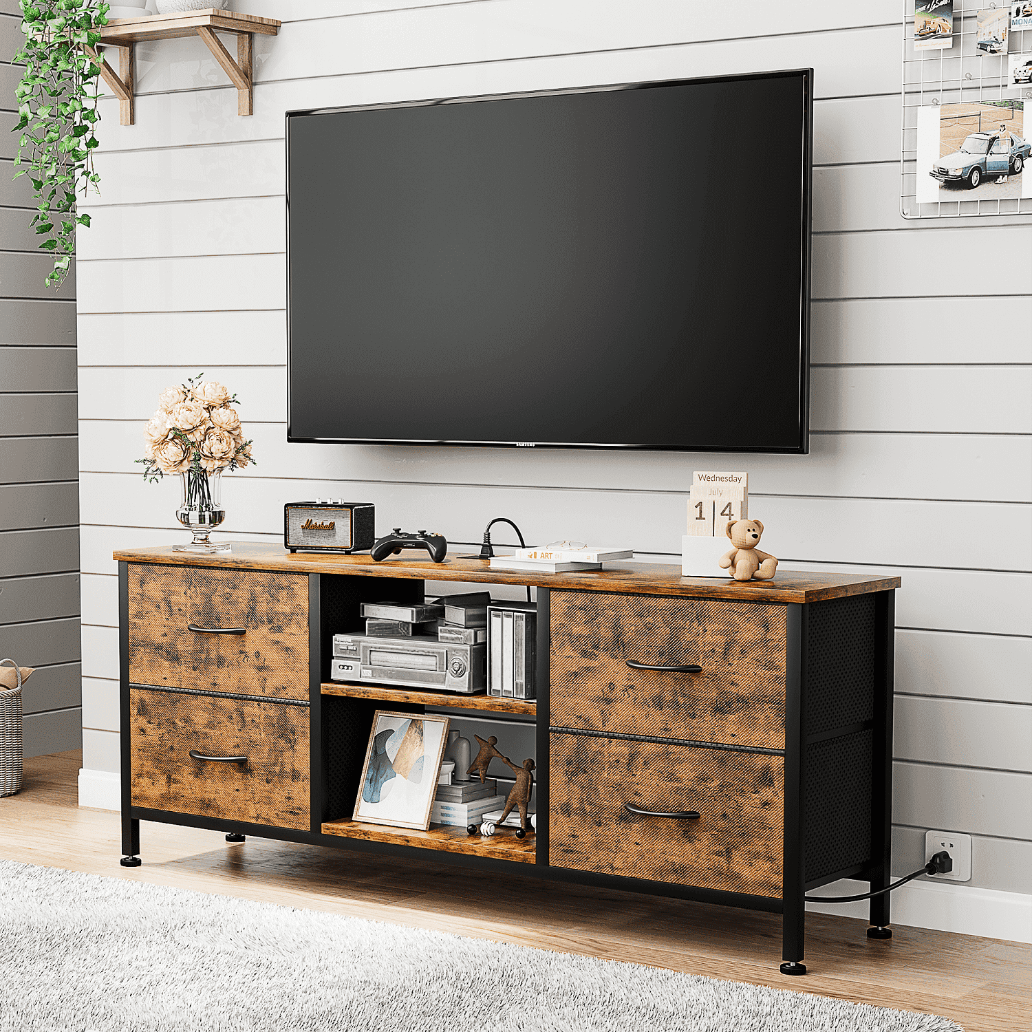 Dowellia Living Room 43-inch TV Stand with Electrical Outlet and 4 Fabric Cabinets, Brown wooden panel