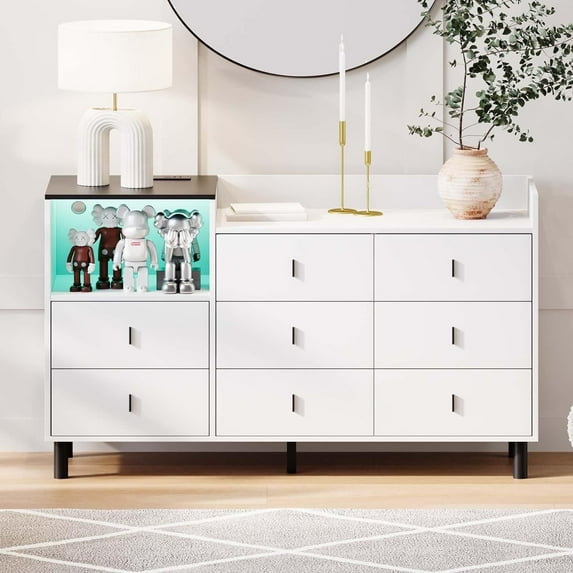 Dresser, Wooden Chest of Drawer for Bedroom, 8 Drawers Dresser with Charging Station, White