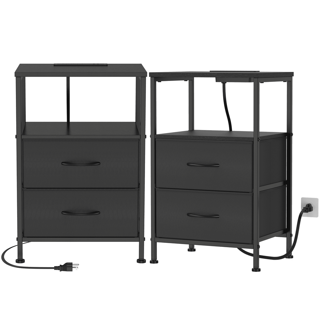 EZKAMFORT Night Stand Set 2 for Bedroom, Side Table with Charging Station, Black End Tables with Usb Ports and AC Outlets