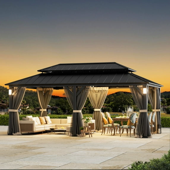 FONA 12'x20' Hardtop Gazebo with Steel Roof,Lights,Mosquito Netting & Hooks,Black