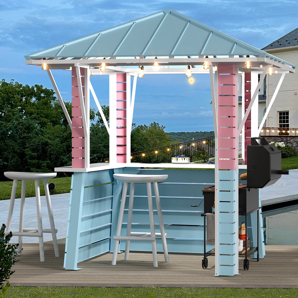 FONA 8'x8' Coastal Dream Outdoor Bar & Grill Gazebo with USB,Hooks,Open Sides for Backyard & Pool