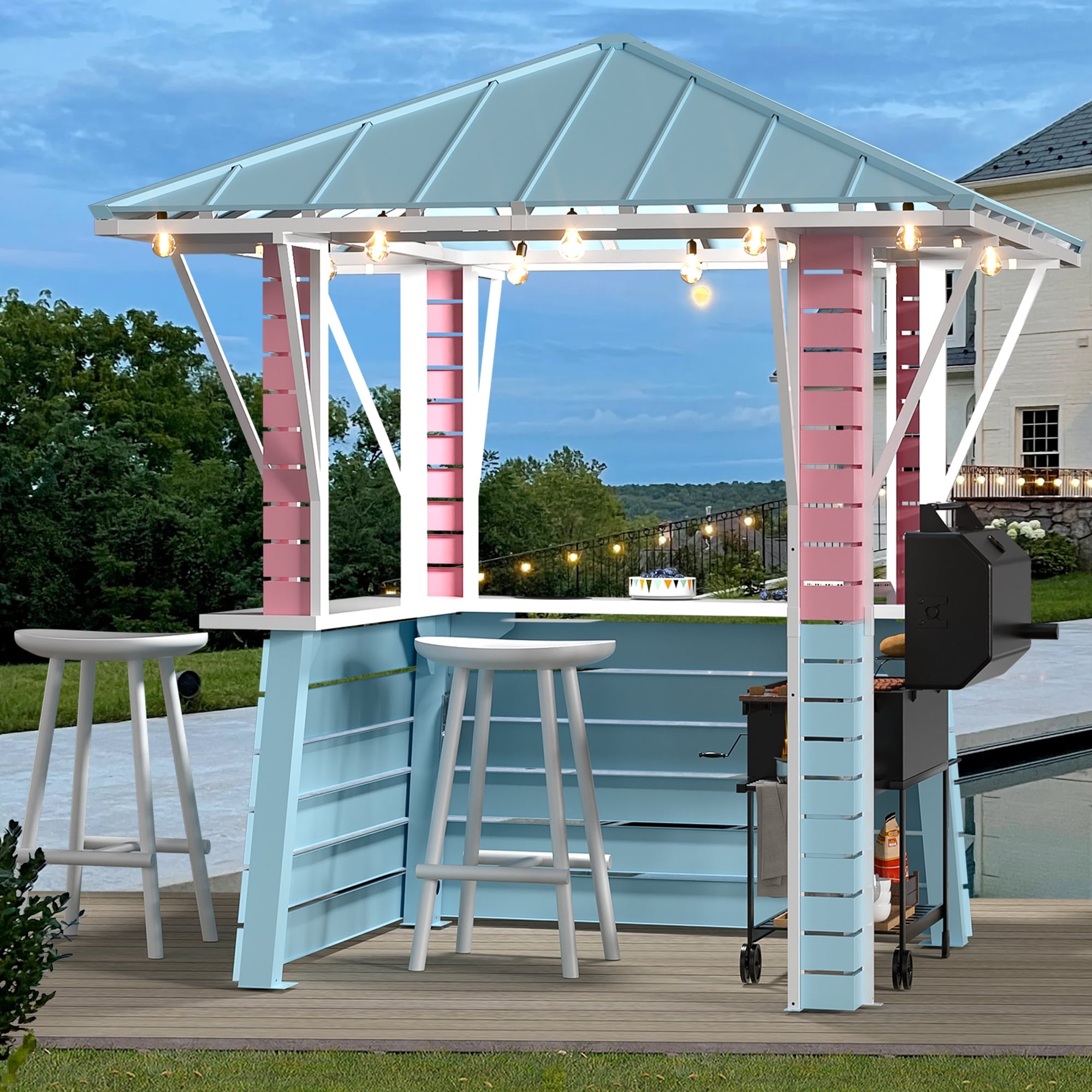 FONA 8'x8' Coastal Dream Outdoor Bar & Grill Gazebo with USB,Hooks,Open Sides for Backyard & Pool