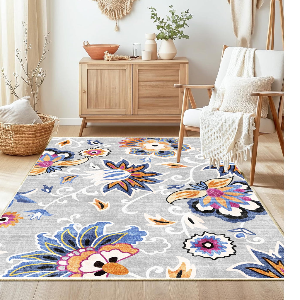 Floral Area Rug 4x6 Living Room Rug Non Slip Washable Bedroom Rug Soft Low Pile Flowers Floor Carpet for Living Dining Room,Blue