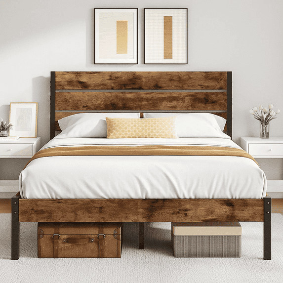 Dowellia Full Size Bed Frame with Headboard and Footboard, Metal Support, Rustic Brown