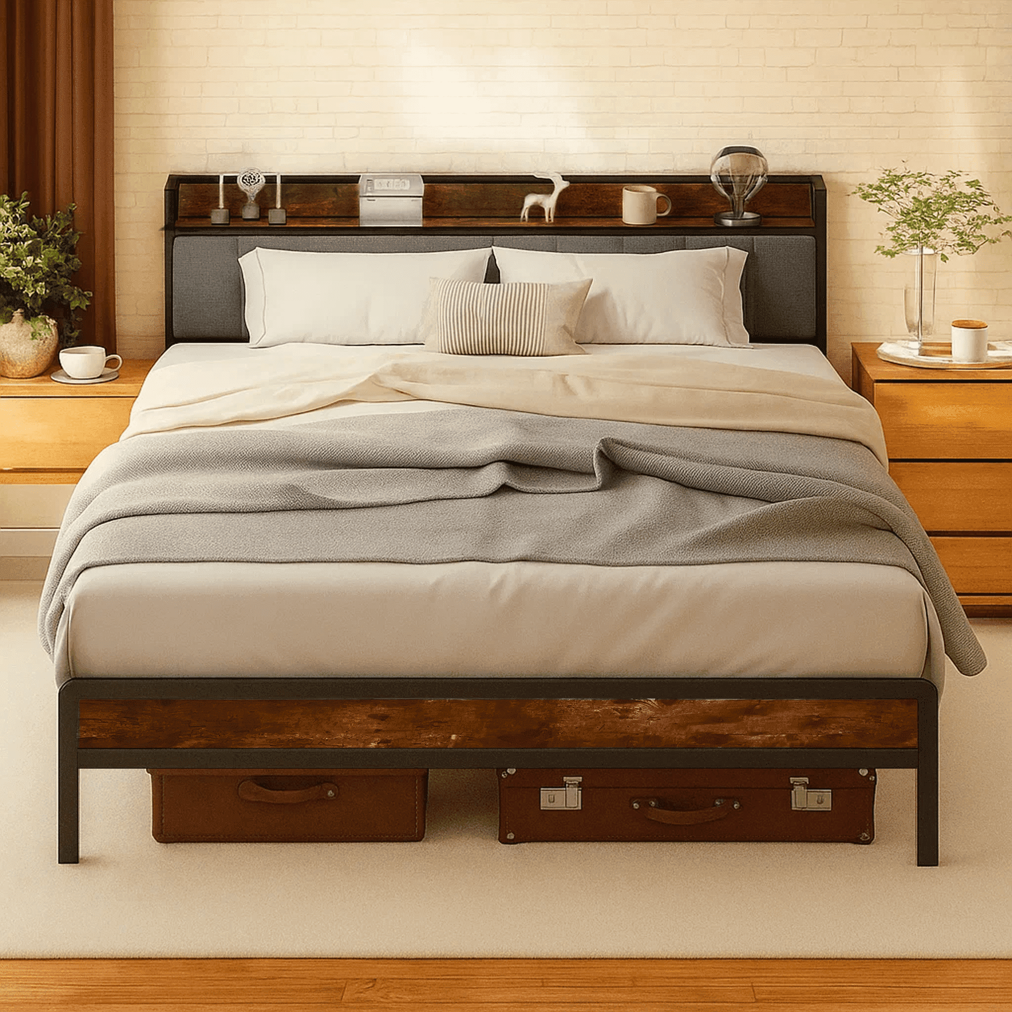 Dowellia Full Size Bed Frame with Upholstered Storage Headboard and Wood Footboard, Gray