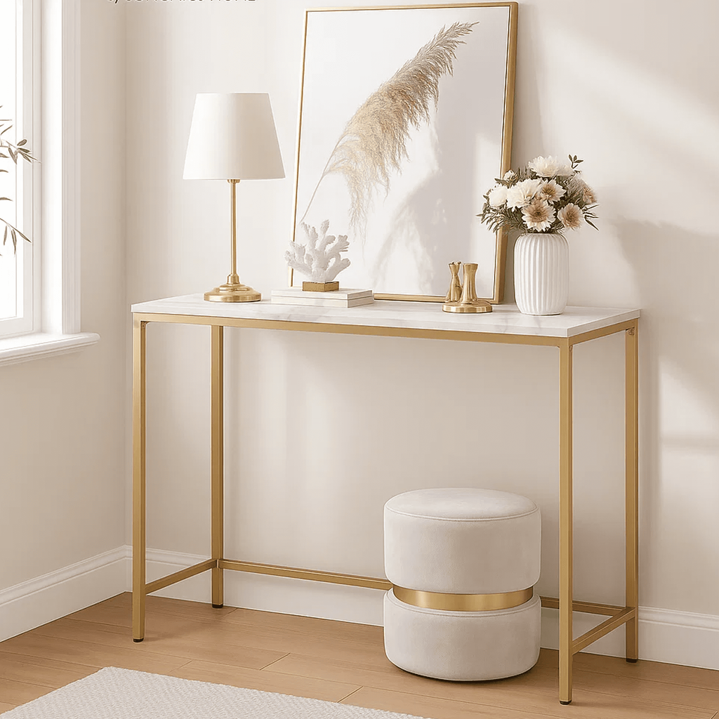 Dowellia Entryway Dresser, Faux Marble MDF Style Panel Sofa Table with Gold Border (Single, White Marble)