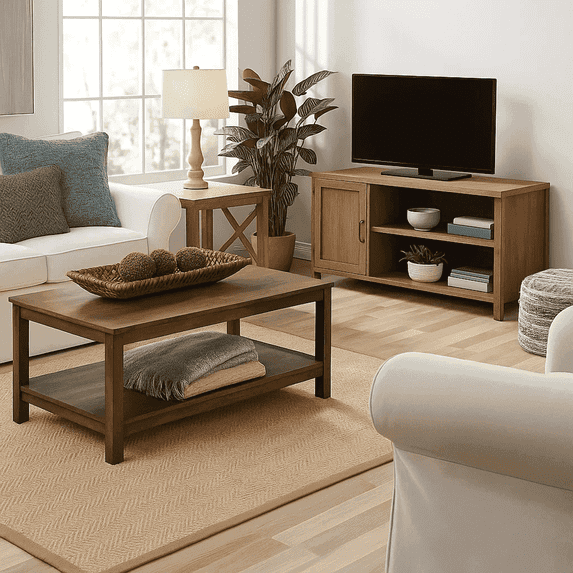 Dowellia Farmhouse Rectangle Coffee Table, Rustic Weathered Oak