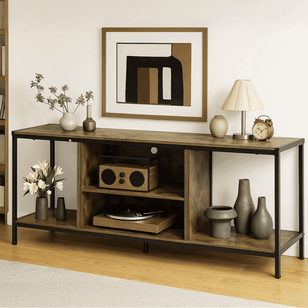Dowellia Mid-Century Wooden TV Stand for TVs up to 60" with Open Storage Shelves and Metal Frame - Retro