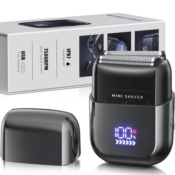 Mini Electric Razor for Men, Fast Rechargeable Foil Shaver for Beard/Face, IPX7 Waterproof for Travel & Home, Light Gray