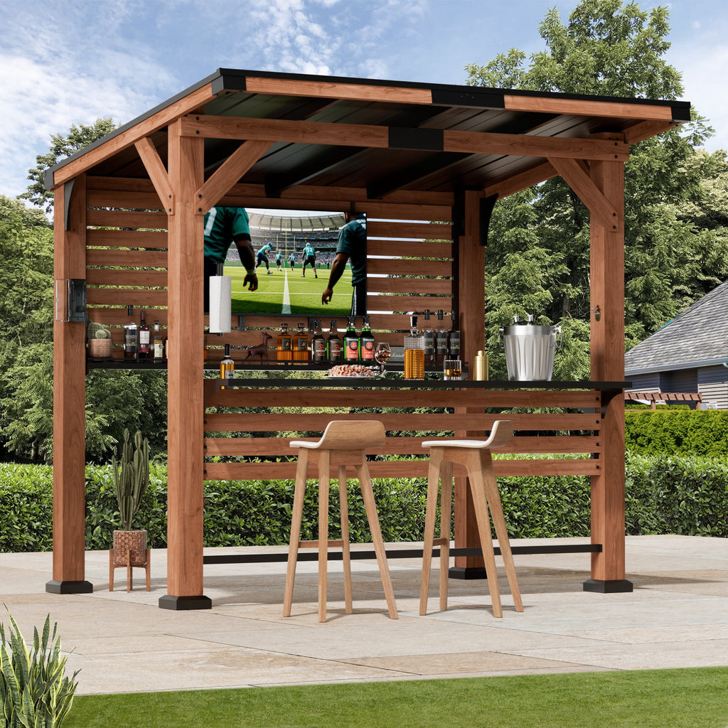 Modern Shade Cedar Wood Entertainment Gazebo with Hardtop Roof, Grill Bar Center, Shelves, TV Mount & Power Strip for Patio or Garden