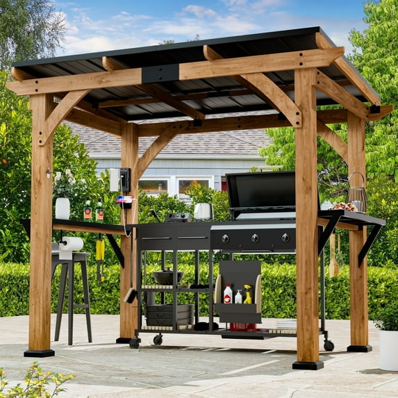Modern Shade 6'x8' Cedar Bbq Gazebo with Galvanized Steel Roof, Tool Shelves & Dual USB Ports Grill Shelter with Paper Towel Holder for Patio/Backyard