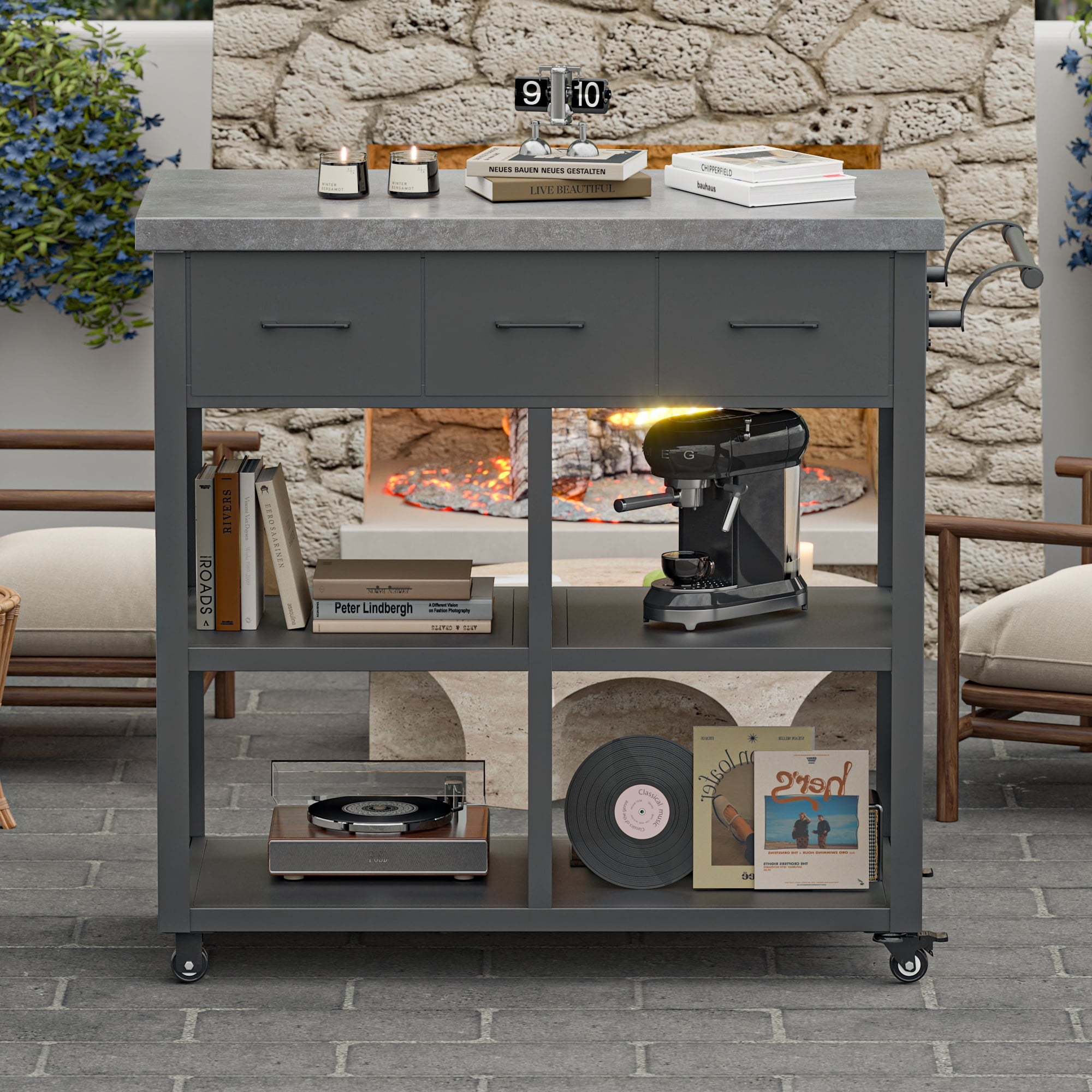 Modern Shade Outdoor Grill Cart with Marble Countertop & Drawers, 39"W BBQ Table with Locking Casters