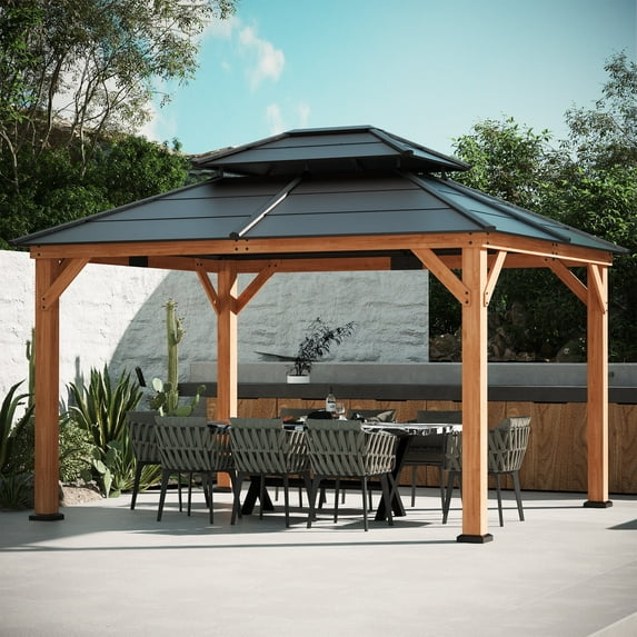 Modern Shade Wood Gazebo 11' x 13', Cedar Framed Wooden Gazebo with Double Galvanized Steel Roof, Hardtop Gazebo with Sturdy Hooks for Garden, Backyard patio and Deck