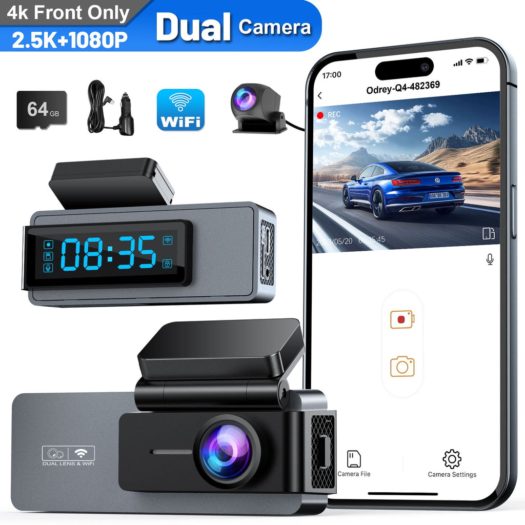 ODREY Dash Cam Front and Rear, 2.5K+1080P WDR Dash Camera for Cars, 4K Single Front Built-in WiFi Car Camera with G-Sensor, Super Night Vision, 64GB Card, Loop Recording, Parking Mode
