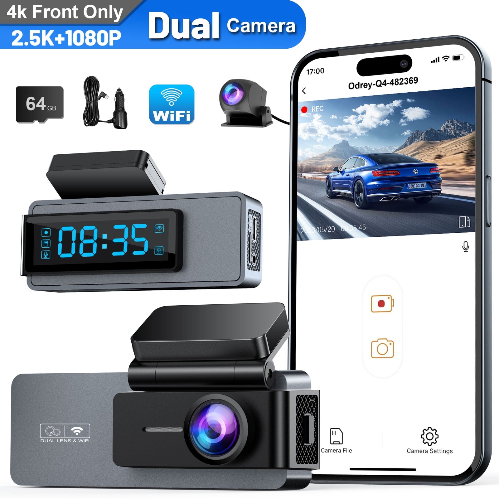 ODREY Dash Cam Front and Rear, 2.5K+1080P WDR Dash Camera for Cars, 4K Single Front Built-in WiFi Car Camera with G-Sensor, Super Night Vision, 64GB Card, Loop Recording, Parking Mode