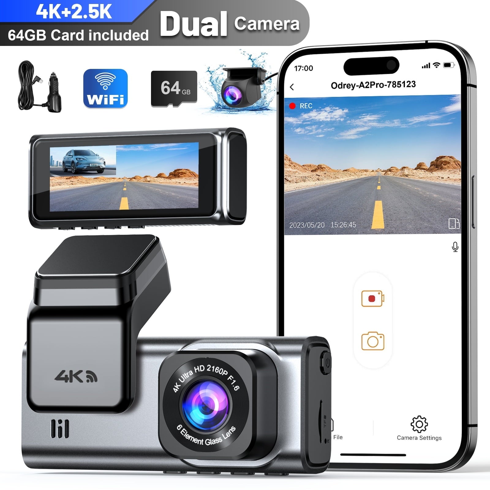 ODREY Dash Cam Front and Rear, 4K+2.5K 5G WiFi & WDR Dash Camera for Car with 64GB Card dashcam, G-Sensor, Super Night Vision, Loop Recording, Parking Mode