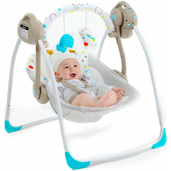 OEIKPFN Foldable Baby Swing for Infants with Adaptable Speeds, Music and Toys for 0-9 Months 6-25 lbs, White Gray