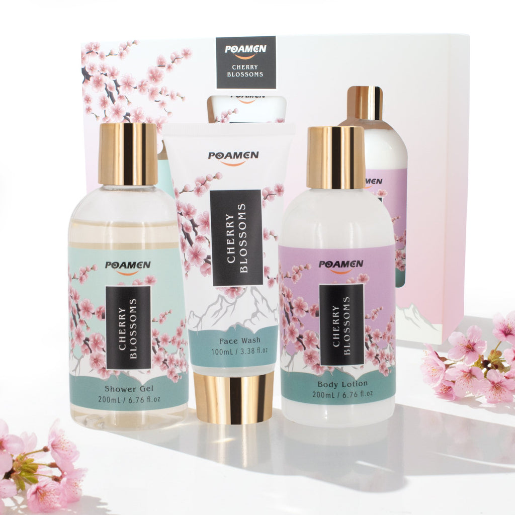 Poamcn Bath and Body Gift Set,Home Spa Gift Set for Women,Japanese Cherry Blossom Scent,3 Piece Set