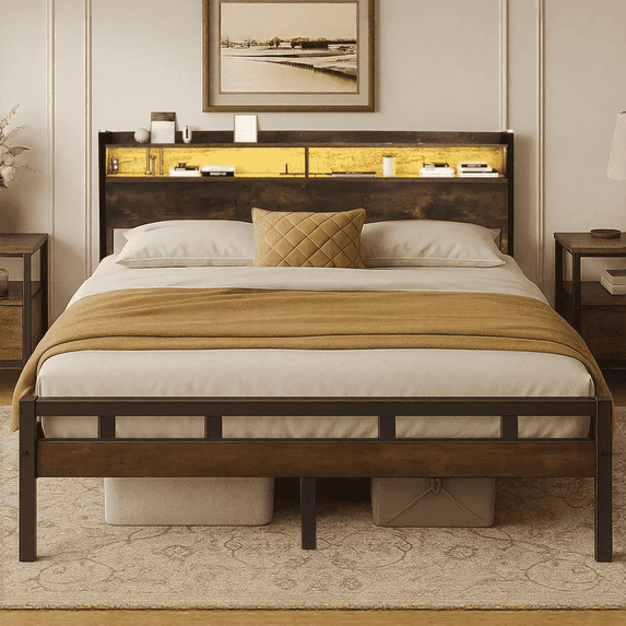 Queen Bed Frame with Storage Headboard, LED Lights and USB Charging Station, Metal Bed Frame, Rustic Brown