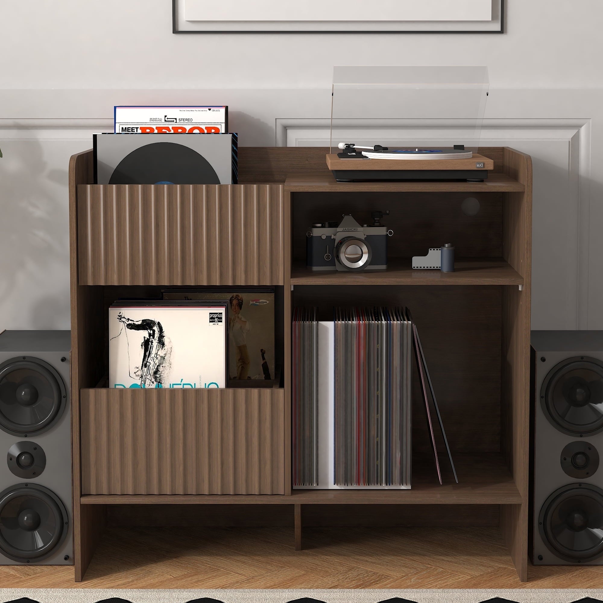 BOMETAO Record Player Stand, Turntable Stand with Record Storage for Vinyl Up to 350 Albums,Record Stand with Drawers for Living Room, Office, Walnut