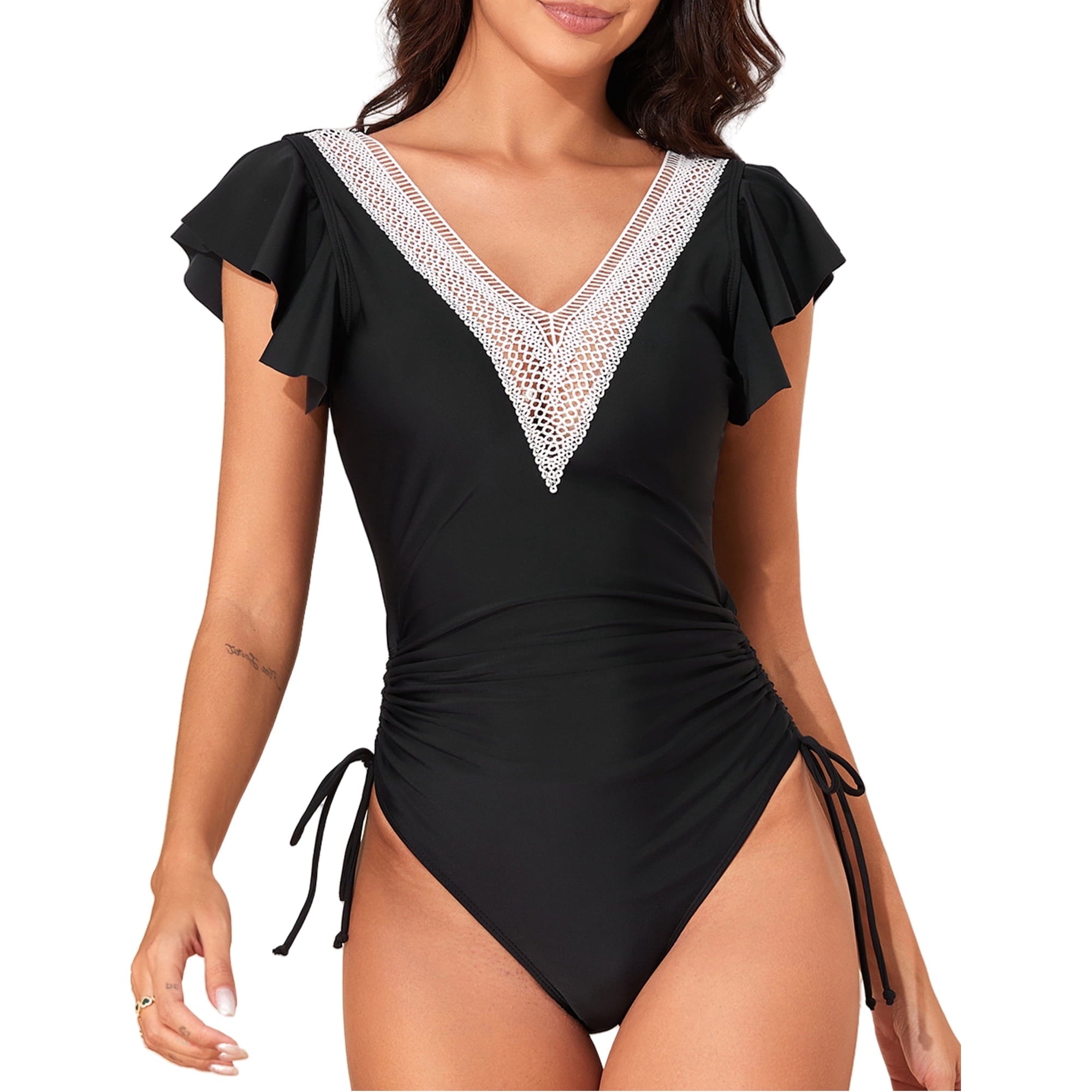 SOMER Women's One Piece Swimsuit Tummy Control Bathing Suits Ruffle Sleeves Slimming Swimwear