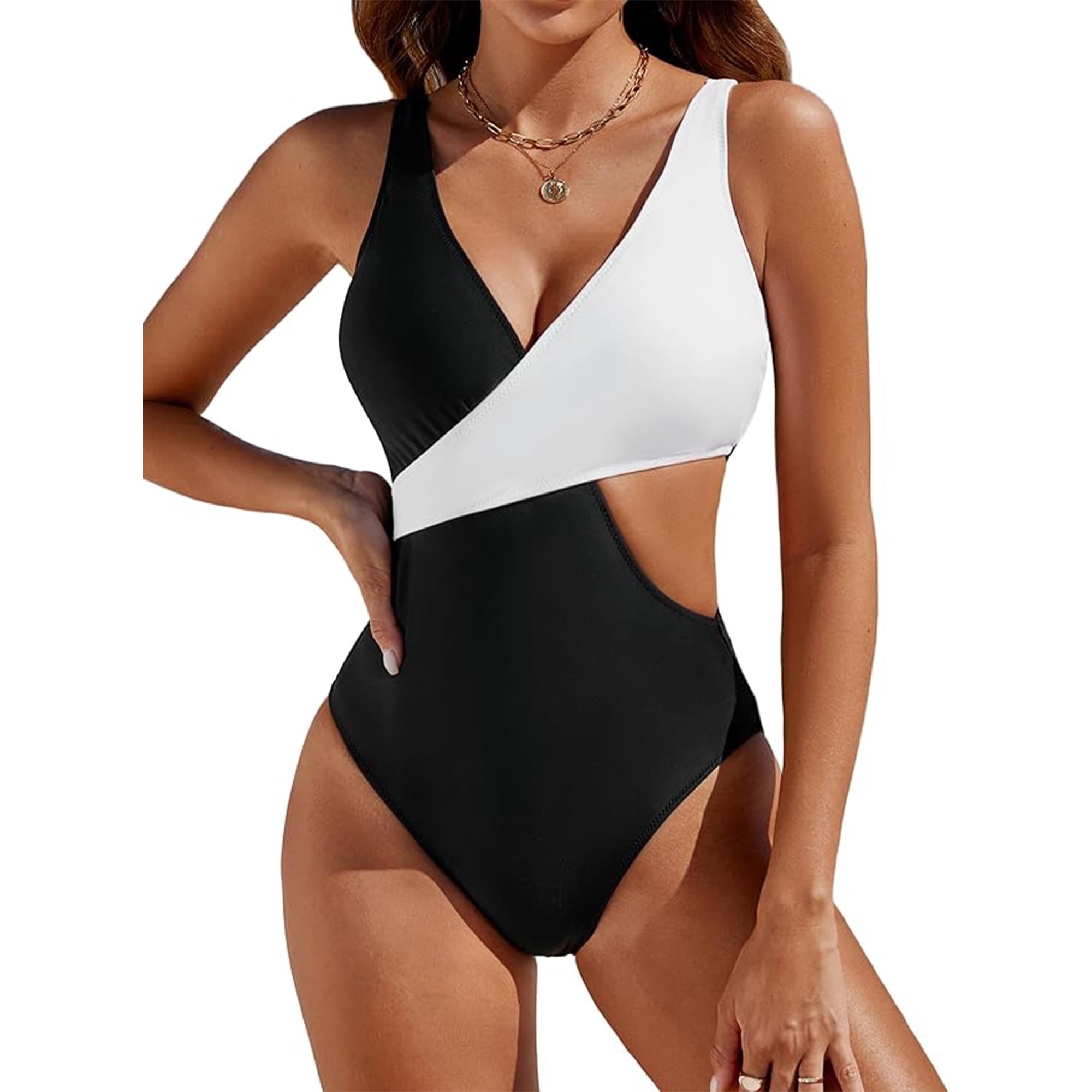 SOMER Womens One Piece Swimsuits Bathing Suits Tummy Control Swimsuits Sexy High Cut Color Block Monokini