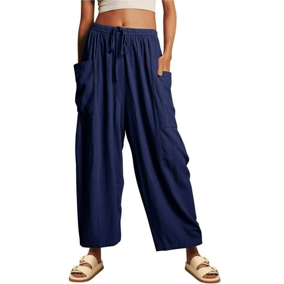 SOMER Womens Pleated Flowy Wide Leg Pants Cotton Linen Drawstring Elastic Waist Casual Loose Harem Palazzo Trousers with Pockets