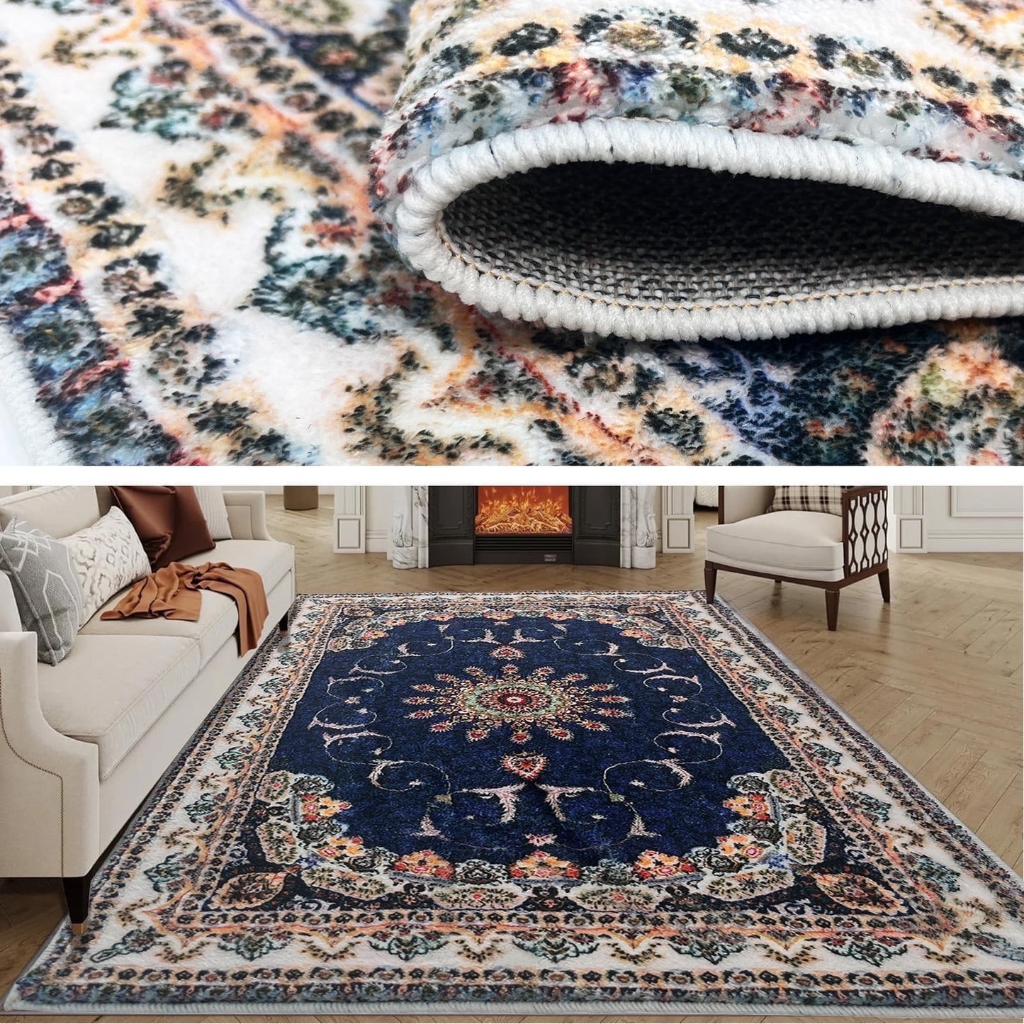 SUSUZI 5.3' x 7.5' Area Rug - Bohemian Retro Carpet, Machine Washable, Non-Slip, Low-Pile Soft Rug for Living Room, Bedroom, Blue