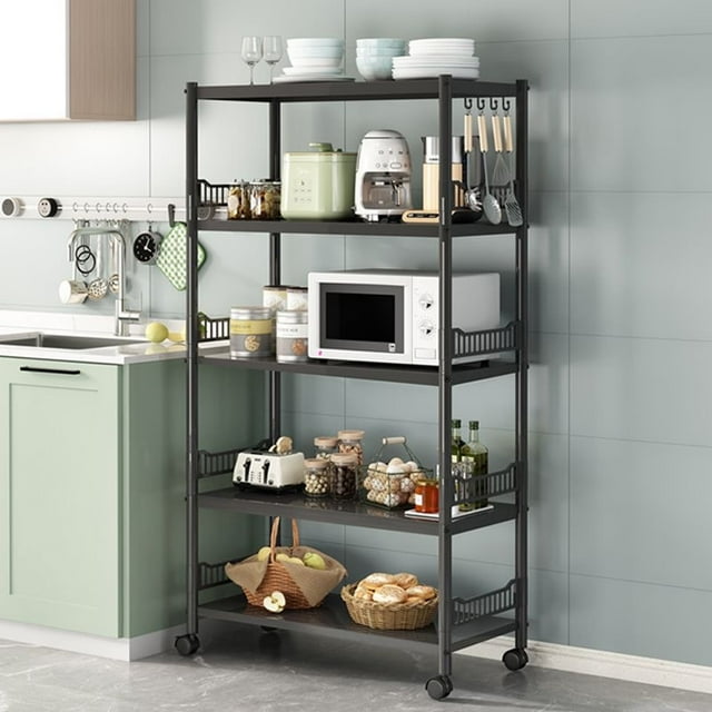 SUSUZI 5-Tier Storage Shelf 63" Steel Shelf 600 lbs Carrying Capacity Height Adjustable Metal Racks with 4 Wheels & 5 Hooks for Garage Kitchen Storage Organizer Shelving Unit