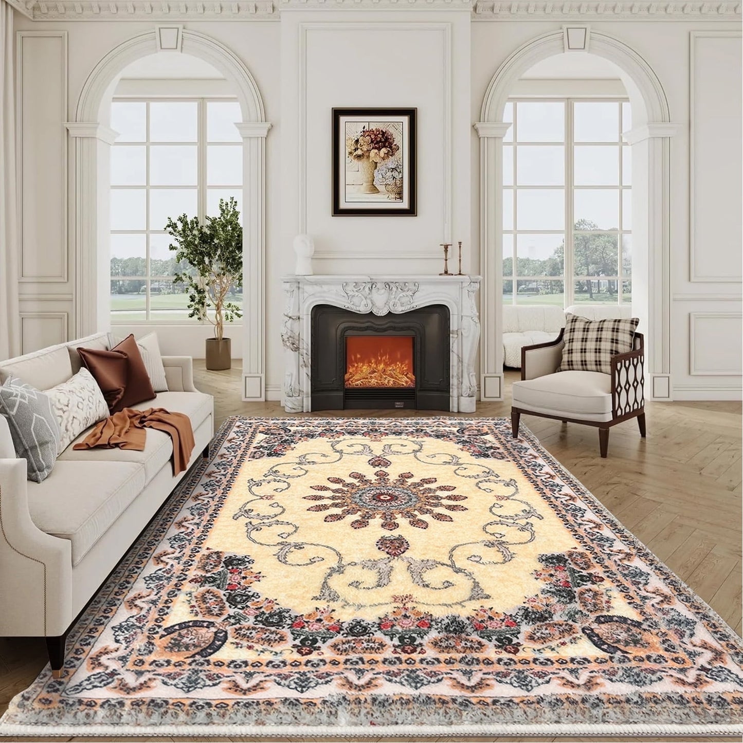 SUSUZI 5.3' x 7.5' Area Rug - Bohemian Retro Carpet, Machine Washable, Non-Slip, Low-Pile Soft Rug for Living Room, Bedroom, Beige