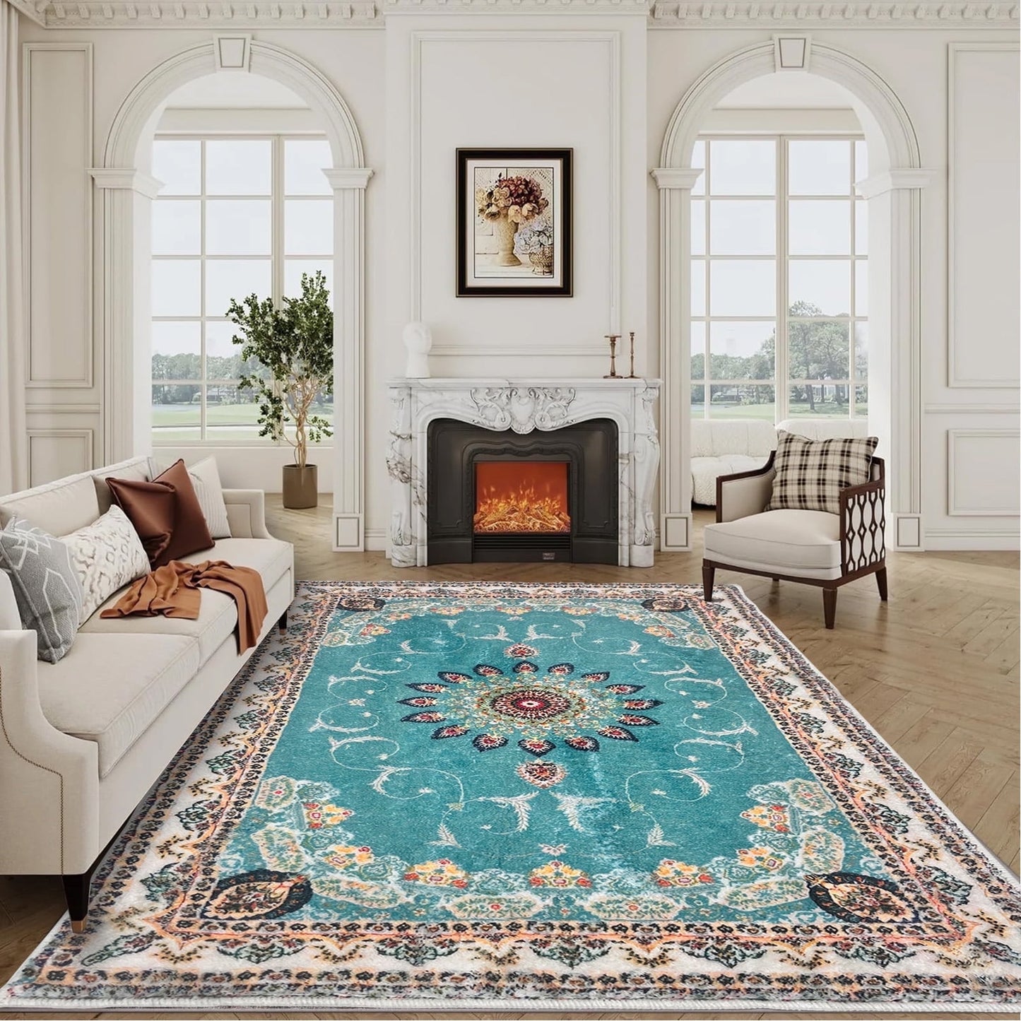 SUSUZI 5.3' x 7.5' Area Rug - Bohemian Retro Carpet, Machine Washable, Non-Slip, Low-Pile Soft Rug for Living Room, Bedroom, Light Blue