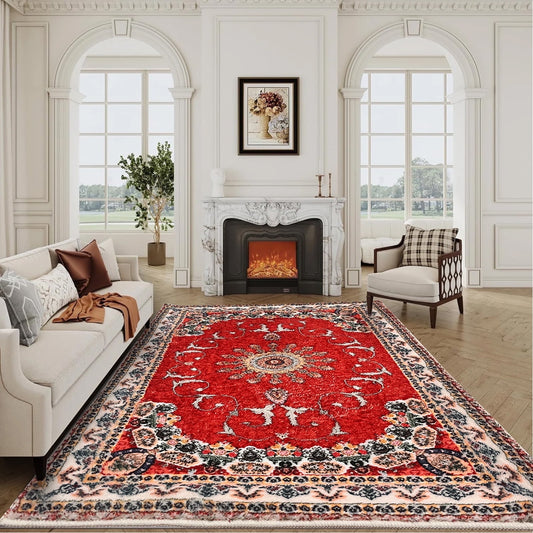 SUSUZI 5.3' x 7.5' Area Rug - Bohemian Retro Carpet, Machine Washable, Non-Slip, Low-Pile Soft Rug for Living Room, Bedroom, Burgendy