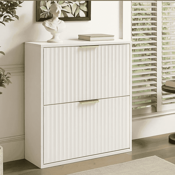 Dowellia Shoe storage cabinet with 2 flip-out drawers, Narrow shoe storage cabinet for entrance hall, Shoe storage cabinet in white wood