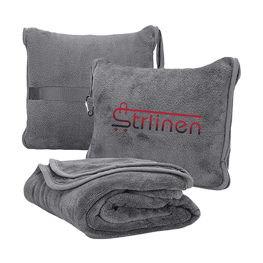 Strlinen Travel Blanket and Pillow - Premium Soft 3 in 1 Airplane Blanket with Soft Bag Pillowcase, Hand Luggage Sleeve and Backpack Clip (Grey)